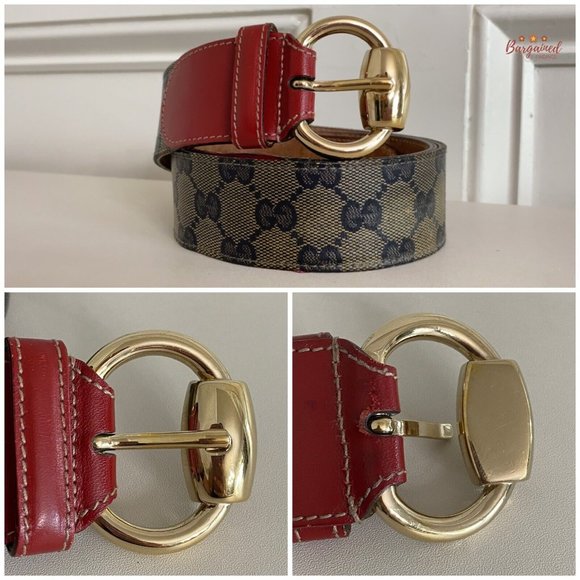Auth GUCCI Beige/Blue/Red GG Crystal Coated Canvas Horsebit Buckle Belt 85/34 main image 12
